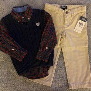 Chaps Navy Sweater Vest with Red Plaid Shirt and Cream Pants